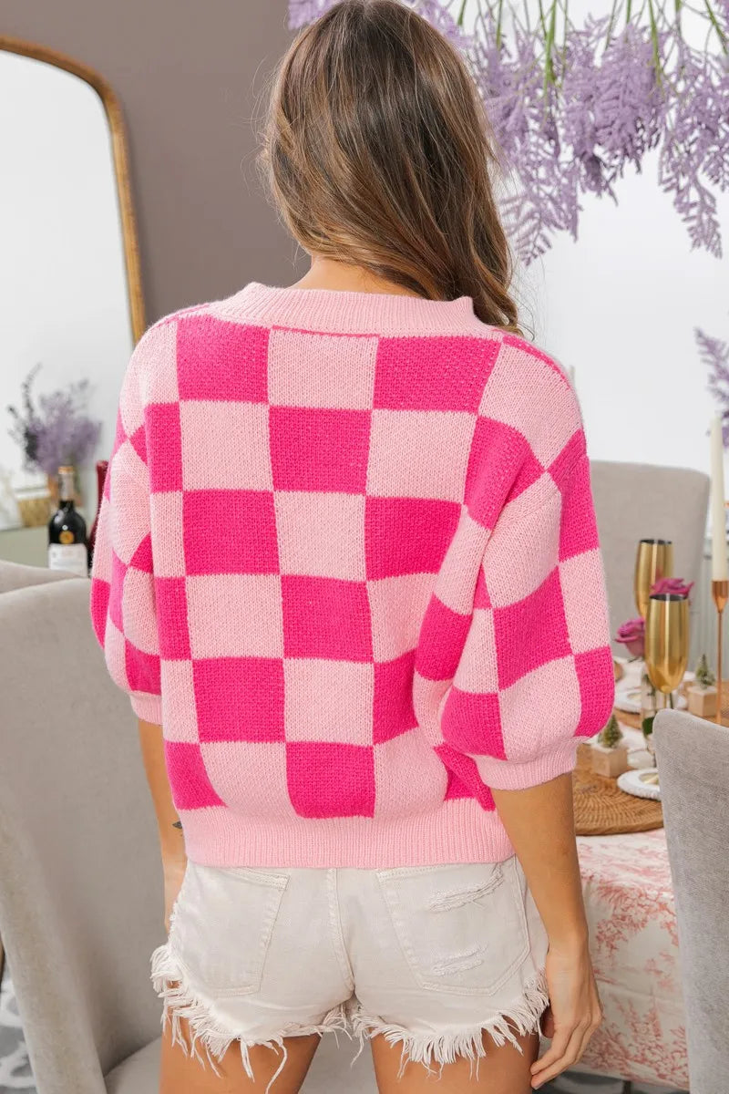BiBi Sweater Top Pink Check Pattern Short Puff Sleeve Oversized 0ed15d7c442740f3ab1cf0f8e7bc82d1-Max-Origin Trendsi