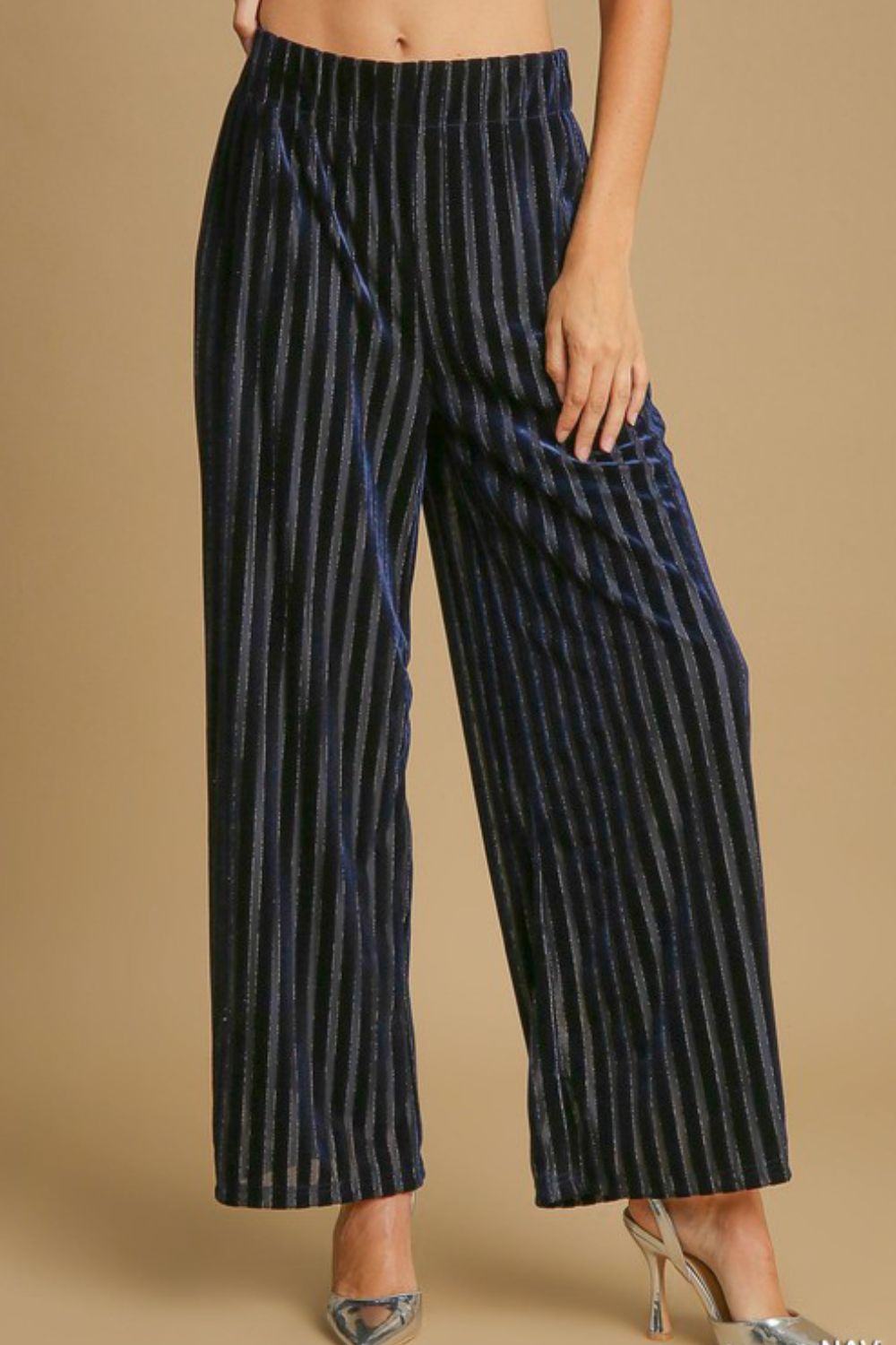 Umgee USA Velvet Pants Navy Elastic Waist Striped Wide Leg Women Trousers Navy 0eda77ac-845b-45c8-b83c-b6a4beb641a1-Max Trendsi