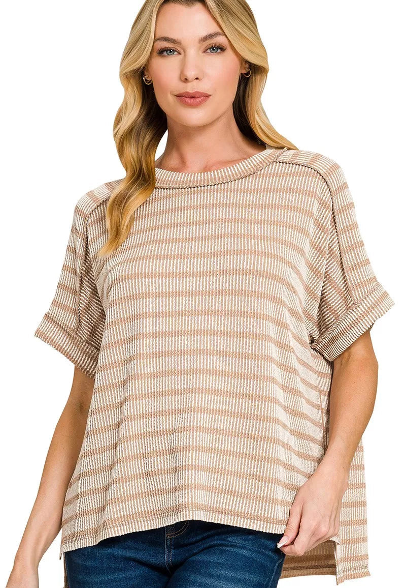 Zenana T-shirt Ash Mocha Raised Rib Striped Exposed Seam Top ASH MOCHA 0edbb682d85349e99cbffe4285c4a45e-Max-Origin Trendsi