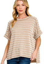 Zenana T-shirt Ash Mocha Raised Rib Striped Exposed Seam Top ASH MOCHA 0edbb682d85349e99cbffe4285c4a45e-Max-Origin Trendsi