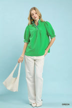 Umgee Womens Blouse Green Textured Puff Short Sleeve Top with Scalloped Trim 0ee32697-bc87-4091-9c68-5b29c59790c7-Max-Origin Trendsi