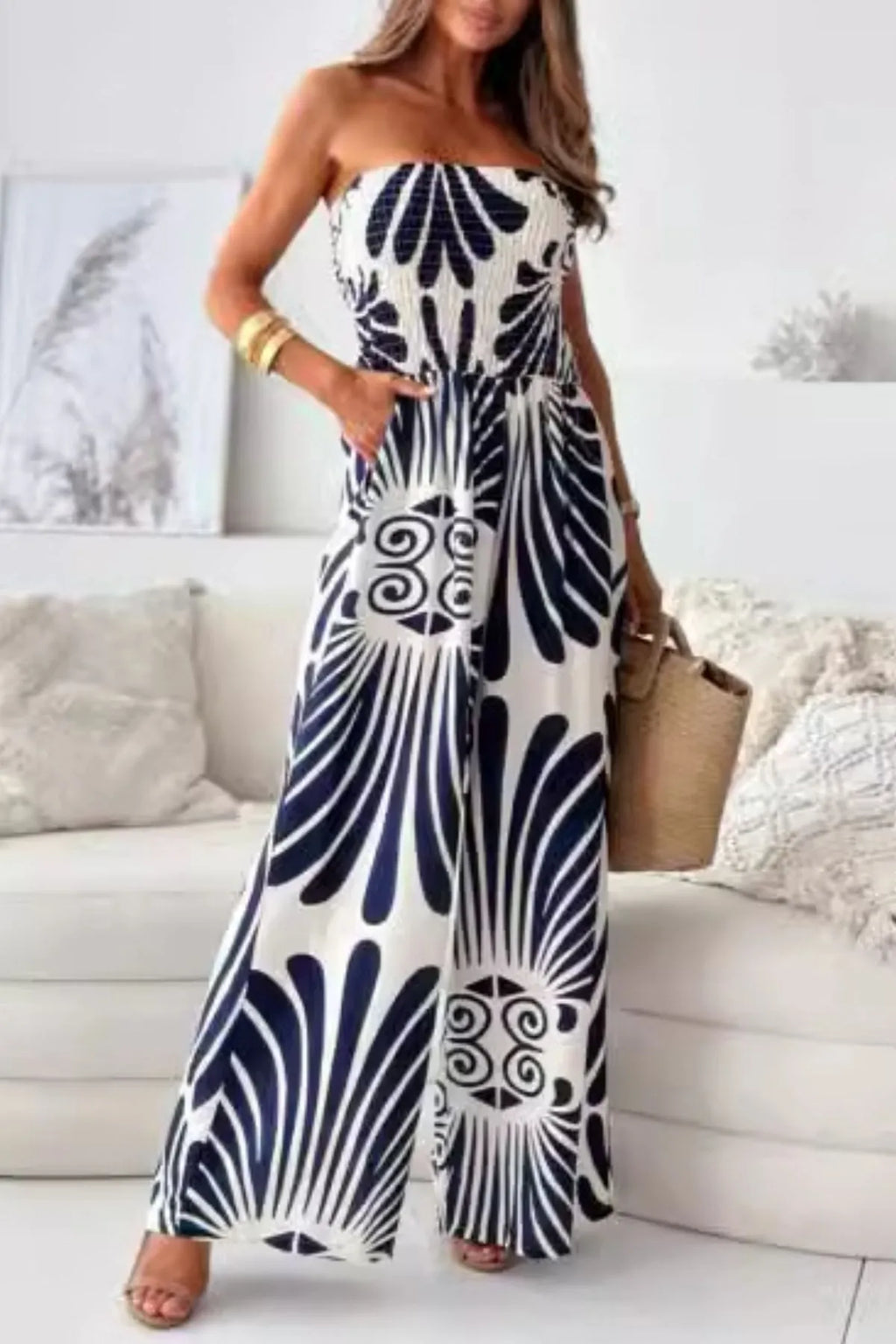Women's Jumpsuit Printed Smocked Tube Wide Leg Strapless Overall Navy Blue 0ef34fe1-a9c8-4ad0-b04c-318c82f13ce3-Max-Origin Trendsi