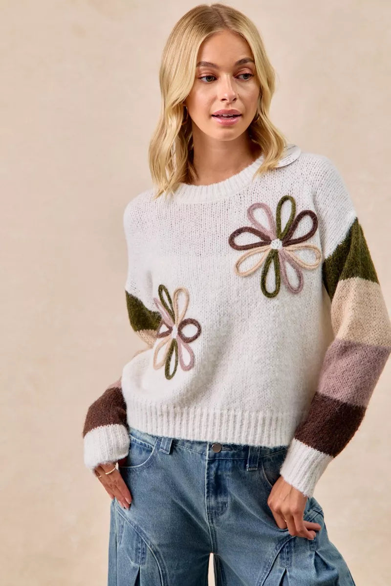 BiBi Flower Women's Sweater Color Block Ivory Brown Knit Pullover 0efdf4e273074f47845047a78ea2dfb1-Max-Origin Trendsi