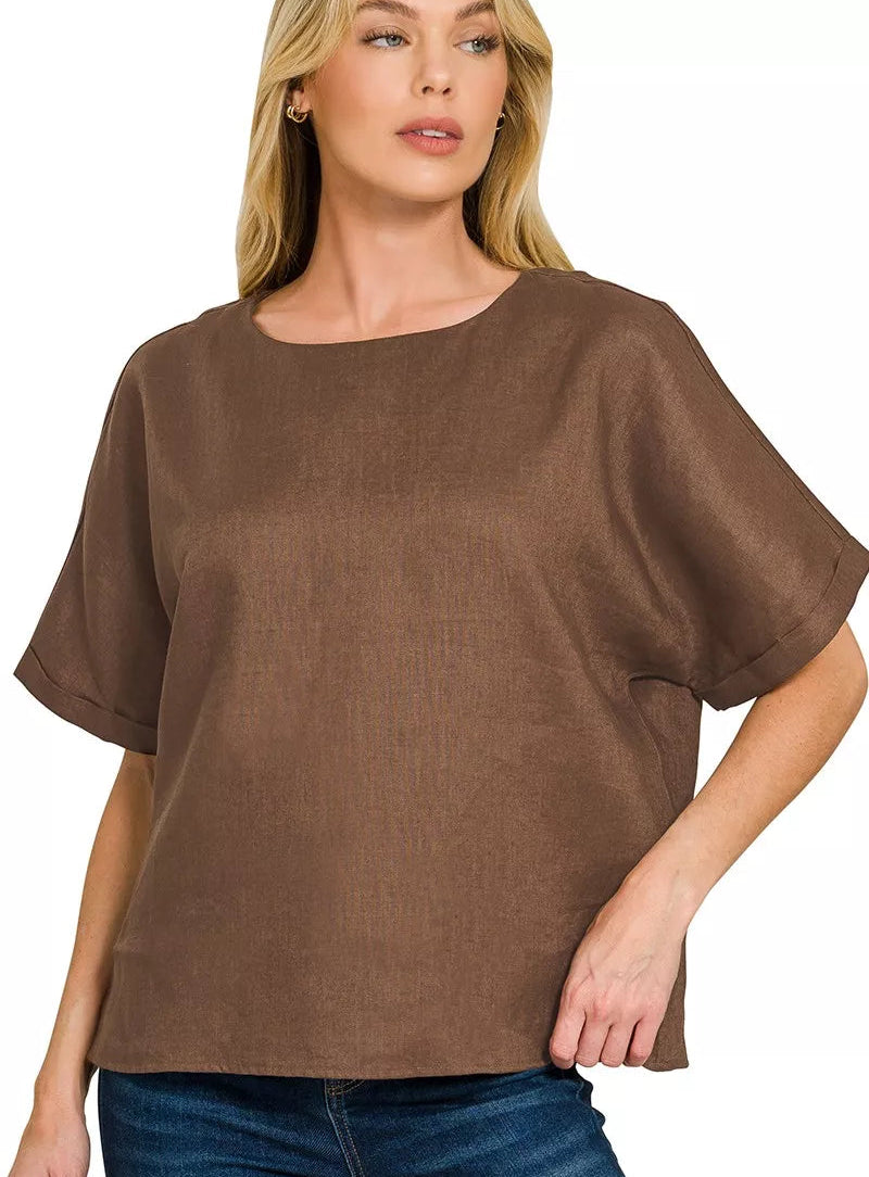 Zenana Linen Round Neck Cuffed Sleeve Top