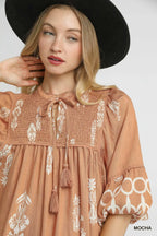 Umgee Mini Dress Mocha Boarder Print Tassel Tie Neck Ruffled 0f0b43f2-3570-436b-aab9-913f26524d59-Max-Origin Trendsi