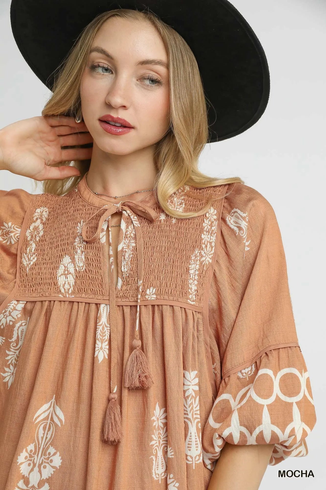 Umgee Mini Dress Mocha Boarder Print Tassel Tie Neck Ruffled 0f0b43f2-3570-436b-aab9-913f26524d59-Max-Origin Trendsi