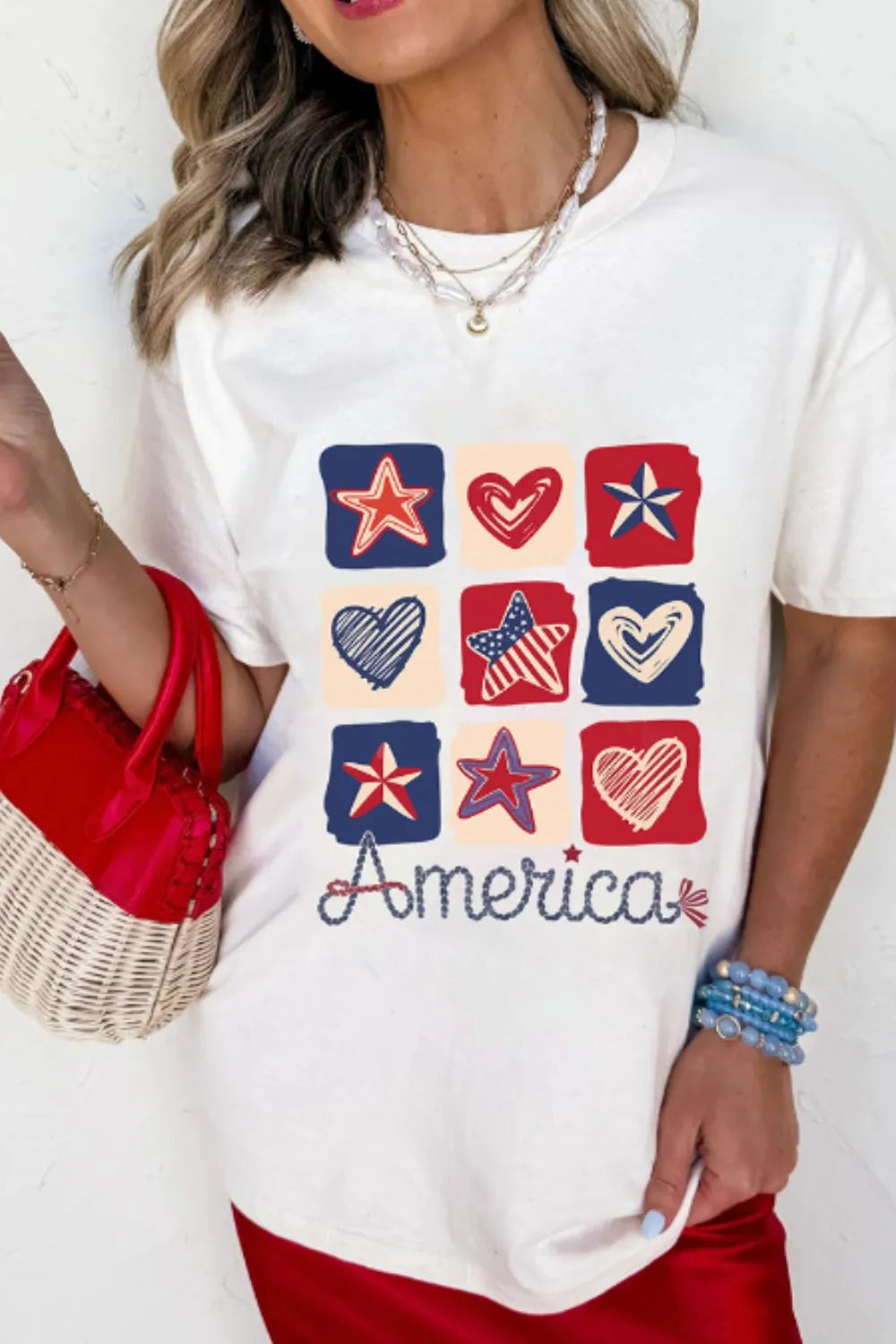 Women's T-shirt American Heart Star Checkered Graphic White Top Tee 0f0bb5c6-4138-4556-bd92-df991260ccc6-Max-Origin Trendsi