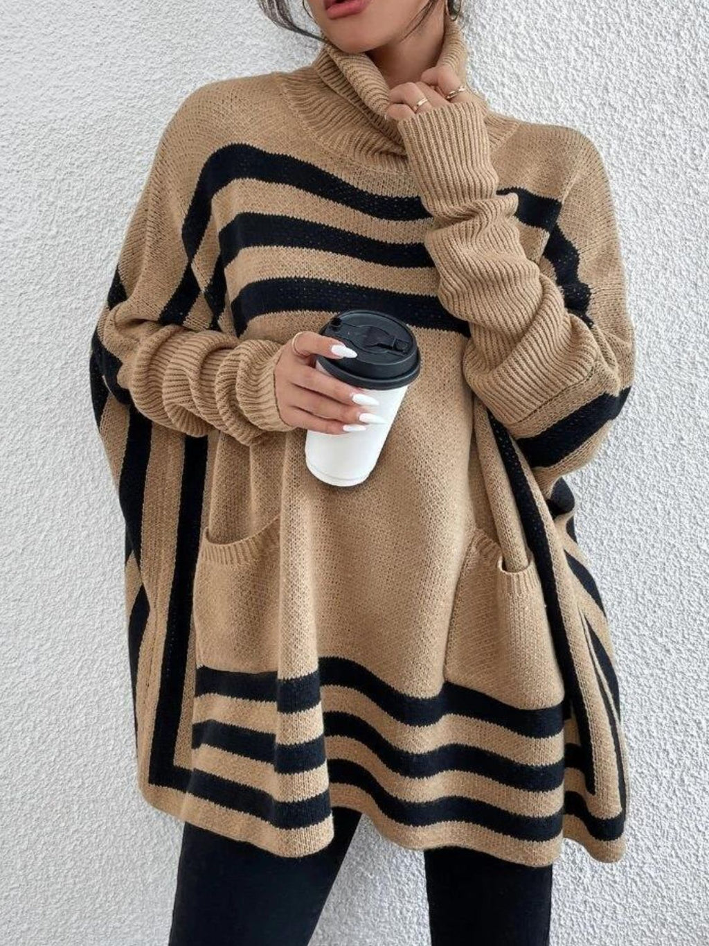 Women Sweater Striped Turtleneck Batwing Long Sleeve with Pockets Oversize 0f1501f8-8bac-44ce-8549-e24e5f33236d-Max Trendsi