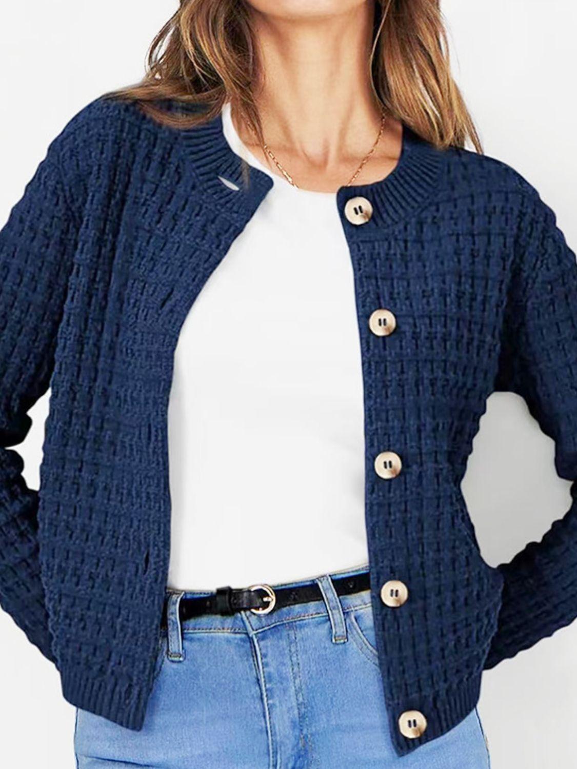Button Up Cardigan Textured Round Neck Long Sleeve Single Breasted Navy 0f30f95e-8681-4322-bf86-41e522e3c52e-Max Trendsi
