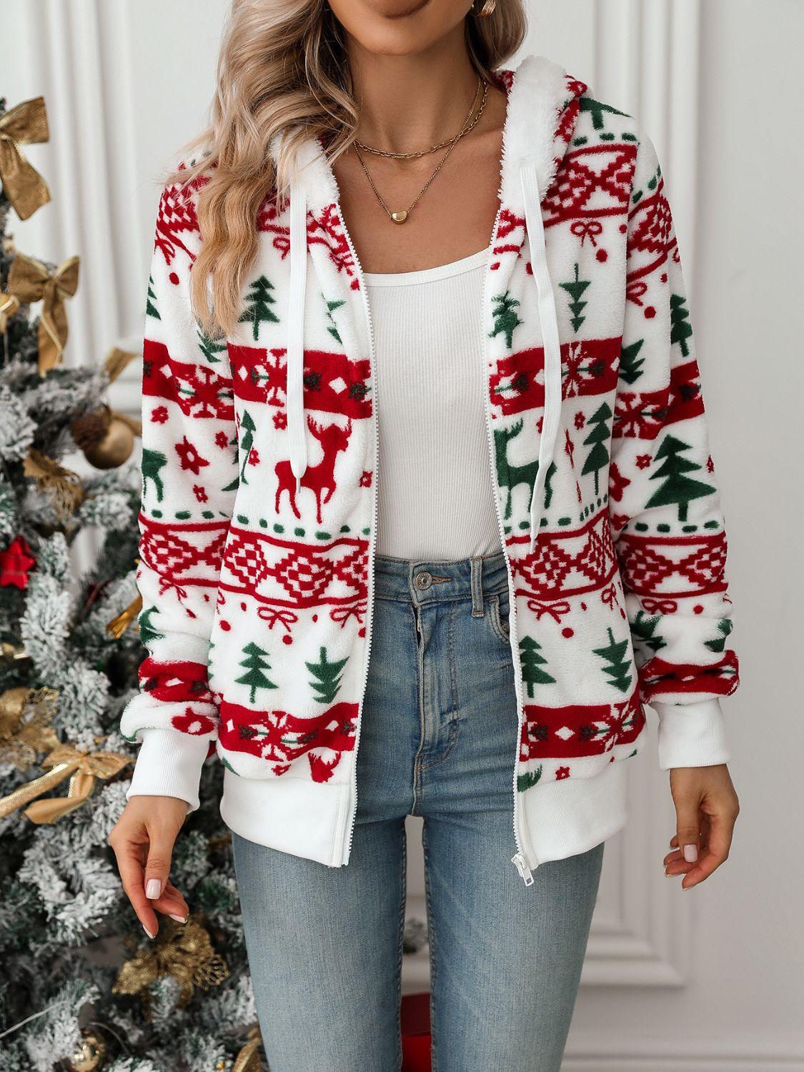 Christmas Tree Pattern Jacket Women Zip Up Hooded Warm Outwear