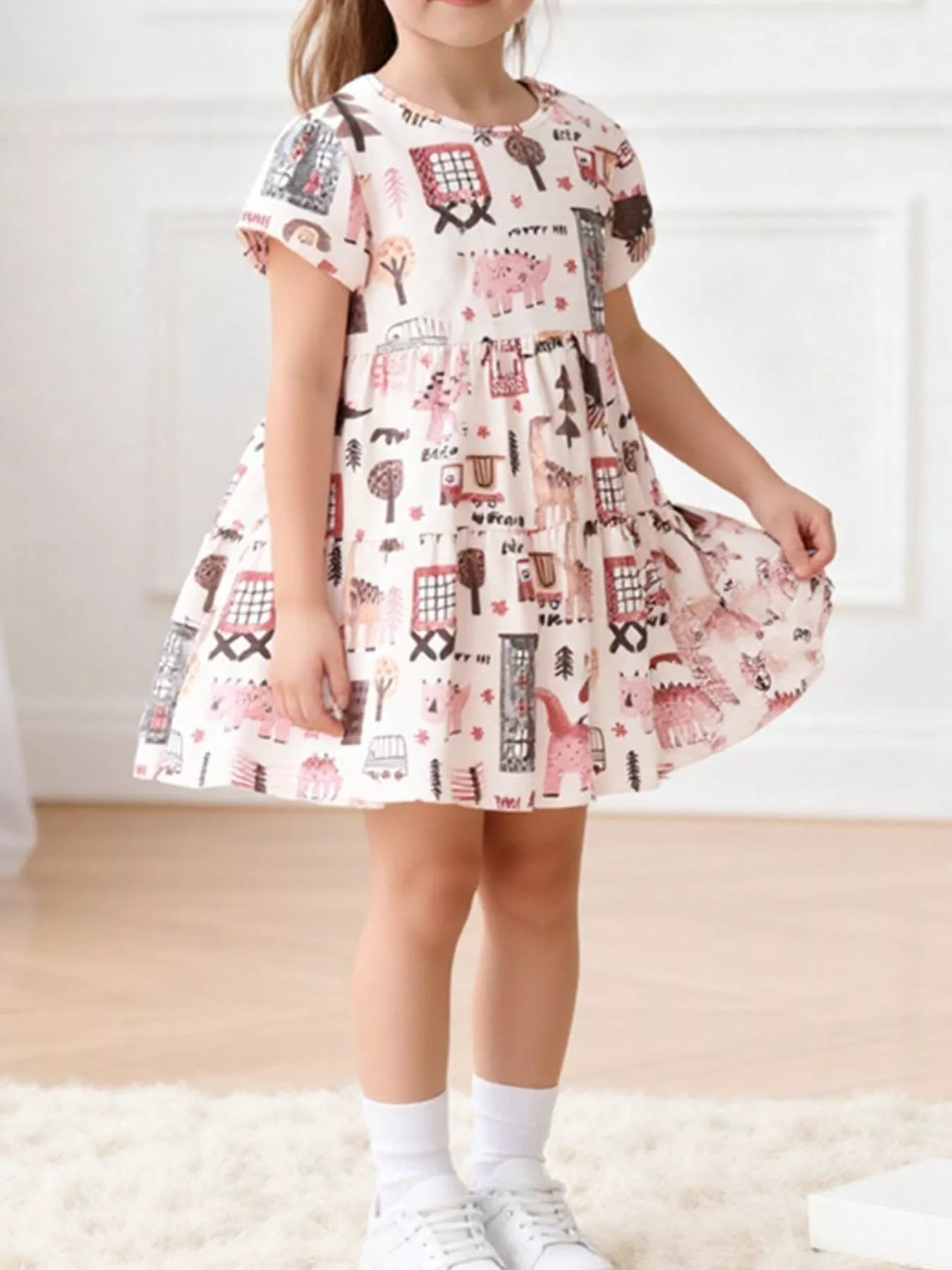 Children's Tiered Cartoon Print Casual Dress
