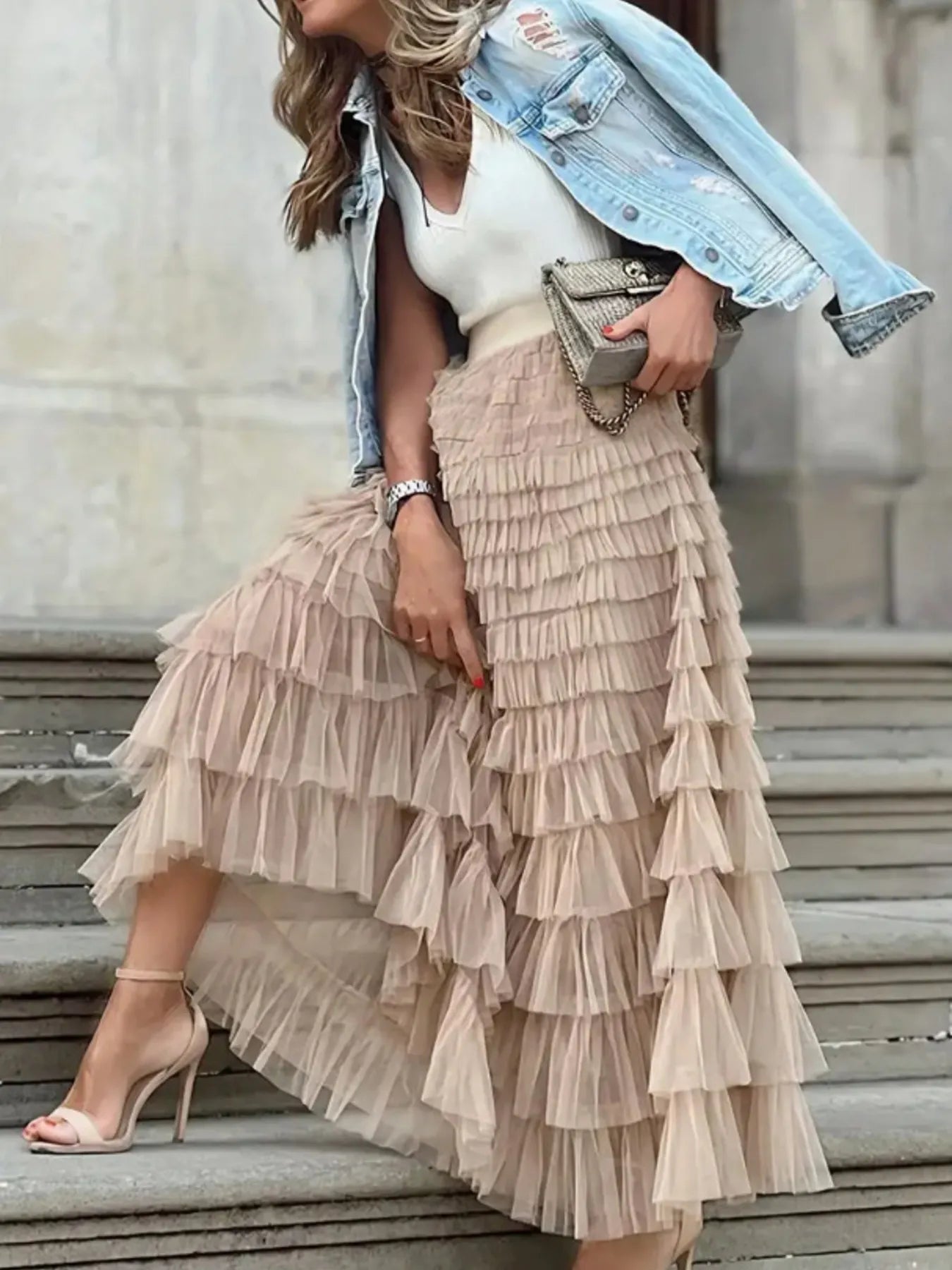 Ruffle Maxi Skirt Layered Mesh Tiered Elastic Waist Apricot 0f3dad6ac75745498cf5c92db3613307-Max-Origin Trendsi