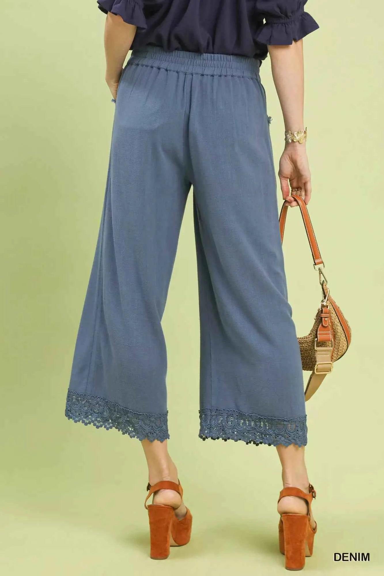 Umgee Wide Leg Cropped Pants Denim Blue Linen Cotton with Lace Trim 0f41494e-0e2f-43a6-a35e-e1065972d252-Max-Origin Trendsi