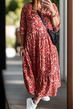 Plus Size Printed Notched Collar Long Sleeve Dress