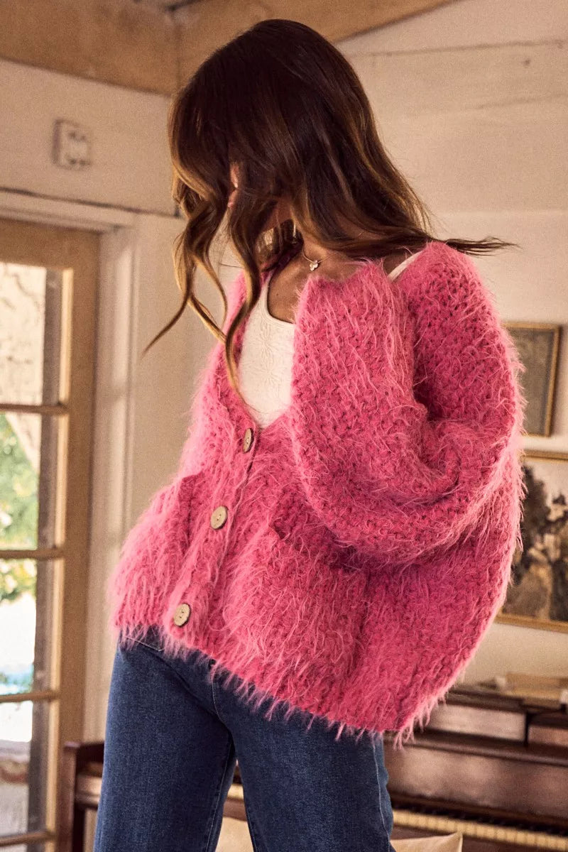 SO ME Womens Cardigan Pink Soft Touch Hairy Loose Fit Cozy Sweater 0f4a8201cac144b2a97fa4c35ad91351-Max-Origin Trendsi