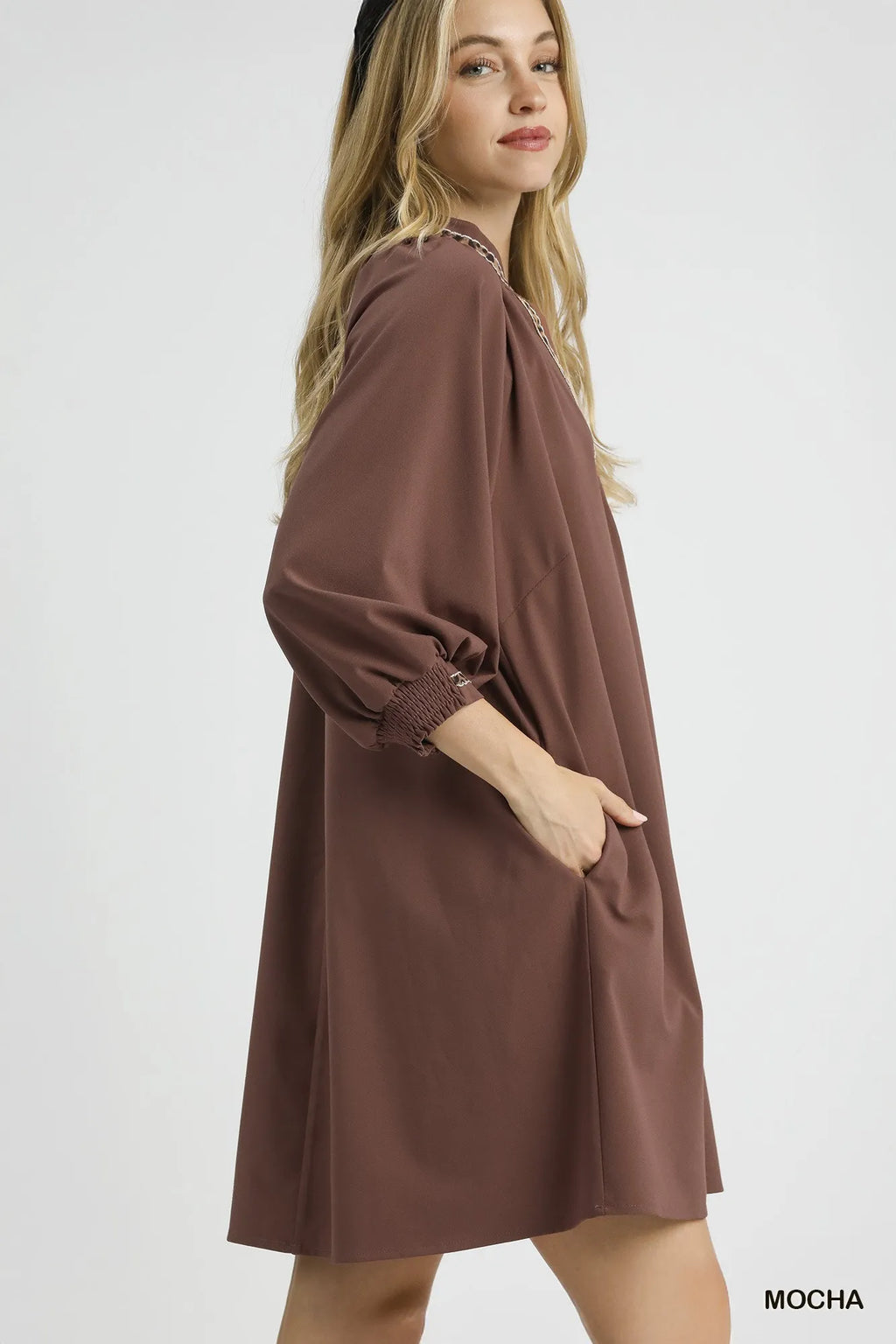 Umgee Short Shift Dress Mocha Notched Collar with Trim Lace Detail 3/4 Sleeve 0f4d3e6e-fa2c-49da-8aa4-4f086dc7570d-Max-Origin Trendsi