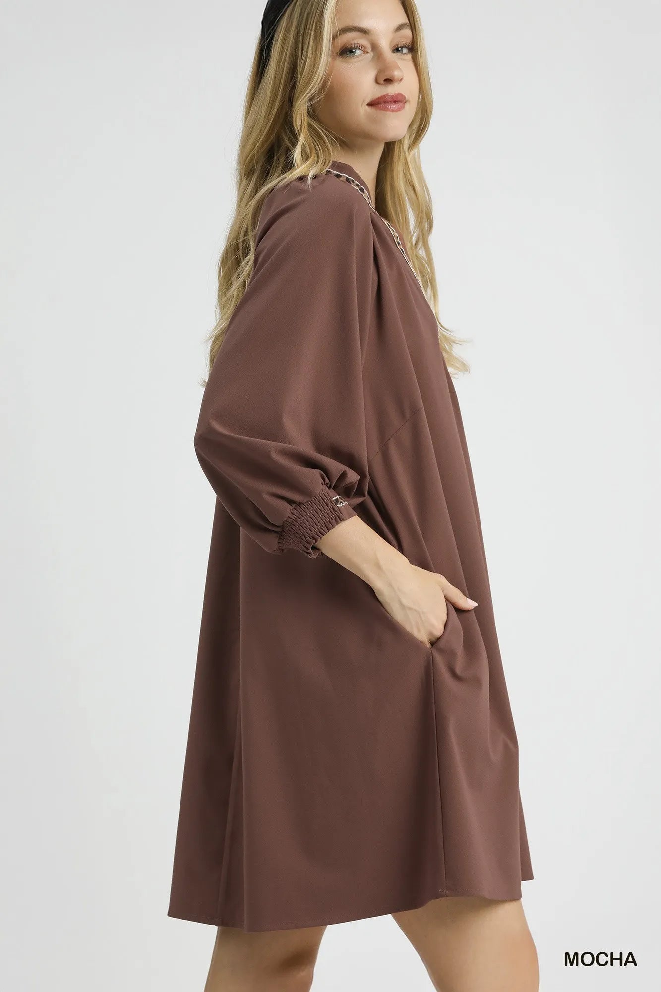 Umgee Short Shift Dress Mocha Notched Collar with Trim Lace Detail 3/4 Sleeve 0f4d3e6e-fa2c-49da-8aa4-4f086dc7570d-Max-Origin Trendsi
