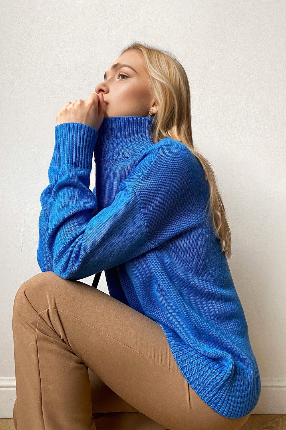 Basic Bae Turtleneck Sweater Viscose Long Sleeve Oversized Knitwear Royal Blue One Size