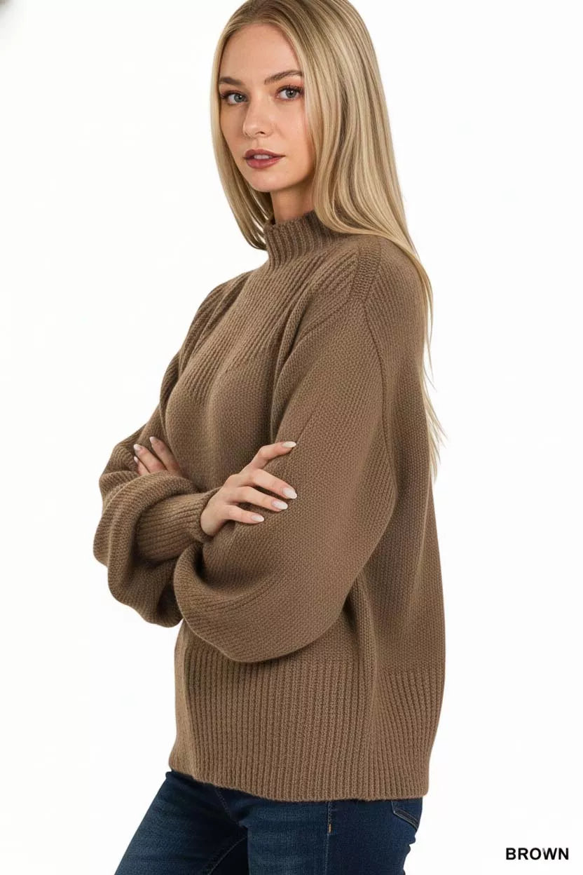 Zenana Womens Sweater Brown Knit Balloon Sleeve Mock Neck Pullover 0f541d0c-7ebf-4810-82ba-1a46cf553481-Max-Origin Trendsi