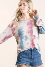 BiBi Womens Blouse Tie Dye Lavender Blue Print Terry Top With Front Patch Pocket 0f5e1c2192aa4313ba36af1bd235eaf2-Max-Origin Trendsi