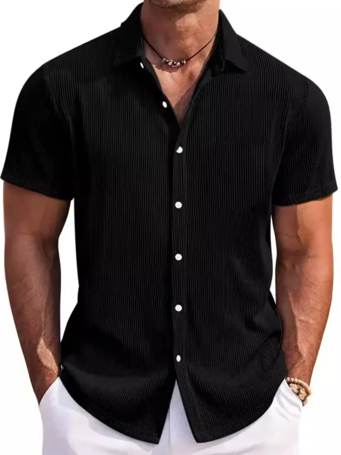 Men's Corduroy Shirt Textured Buttoned Short Sleeve Ribbed Oversized Top S-4XL Black 0f62bedc-8d38-4cfd-83f3-390d1c6f3e30-Max-Origin Trendsi