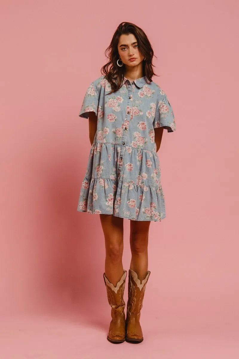 BiBi Shirt Dress Ruffle Light Denim Floral Print Washed Lightweight Tiered 0f6cc660c8ab4fe8a91ede0ea2d8c359-Max-Origin Trendsi
