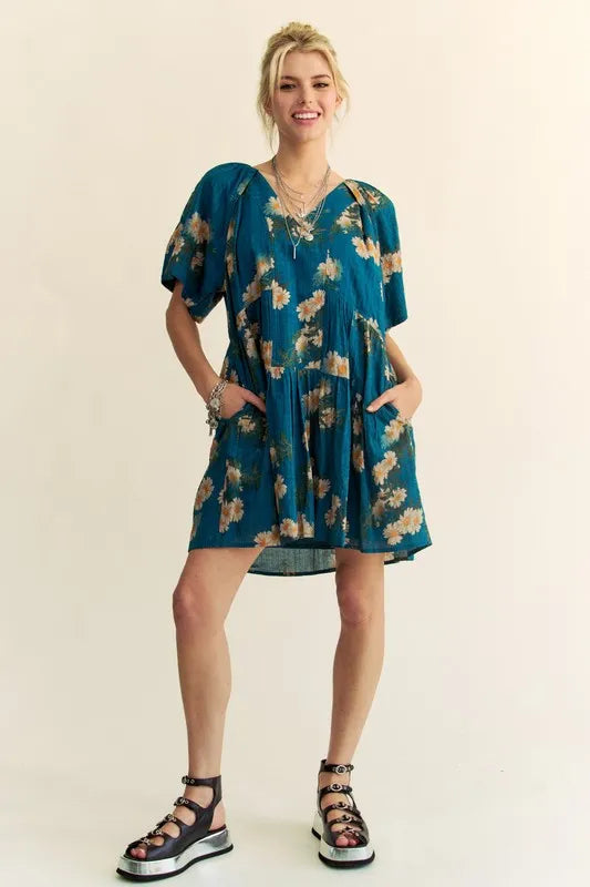 Davi & Dani Mini Dress Floral Print Teal Blue Short Bell Sleeve Pleated Pocketed 0f6d66800d794266a483b4b458661d8f-Max-Origin Trendsi