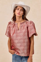 BiBi Jacquard Womens Blouse Red Woven Short Balloon Sleeves V Neck Top 0f6ea7c84fce47869466e1ec6f8d8cae-Max-Origin Trendsi