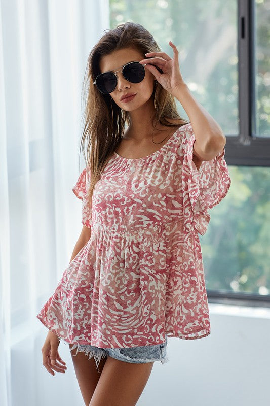 BiBi Blouse Leopard Print Deep Rose Gauze Woven Flutter Short Sleeve Top 0f719c8b-223d-4f26-bec8-dd49b6ecbd6e-Max Trendsi