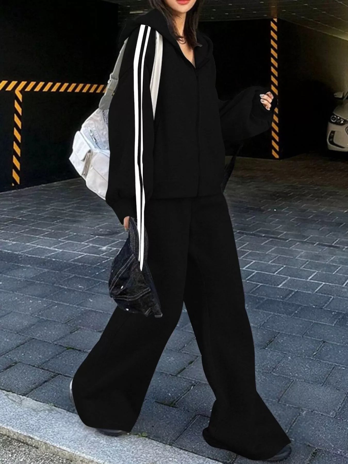 Womens Activewear Set Casual Zip Up Hoodie Side Striped and Pants 2 Pcs Black 0f77516c-f913-4a4b-81b9-7a934e923cfe-Max-Origin Trendsi