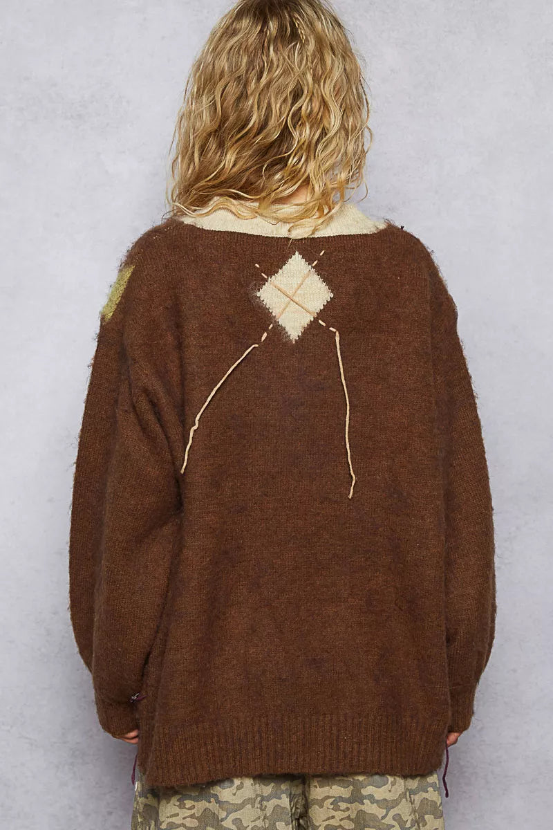 POL Sweater V-Neck Mocha Argyle Pattern Mohair with Contrast Exposed Stitch 0f7f35d2-11fc-4345-a885-e911f26752e3-Max-Origin Trendsi
