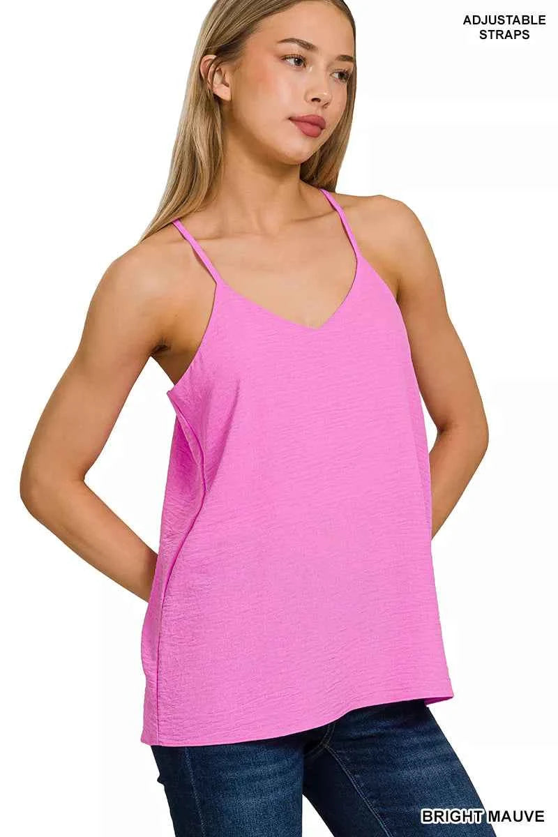 Zenana V-Neck Cami Bright Mauve Woven Airflow Adjustable Strap Top 0f808e73-4434-472c-8a15-9e67c496e9d1-Max-Origin Trendsi