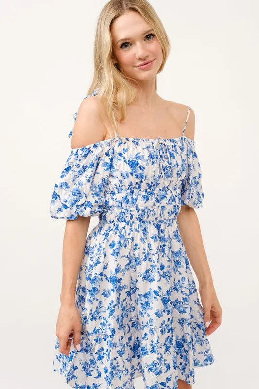 And The Why Off Shoulder Dress Floral Blue Bubble Sleeve Ruffled White Blue 0f818882b13246a5948abb0c71832523-Max-Origin Trendsi