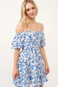 And The Why Off Shoulder Dress Floral Blue Bubble Sleeve Ruffled White Blue 0f818882b13246a5948abb0c71832523-Max-Origin Trendsi
