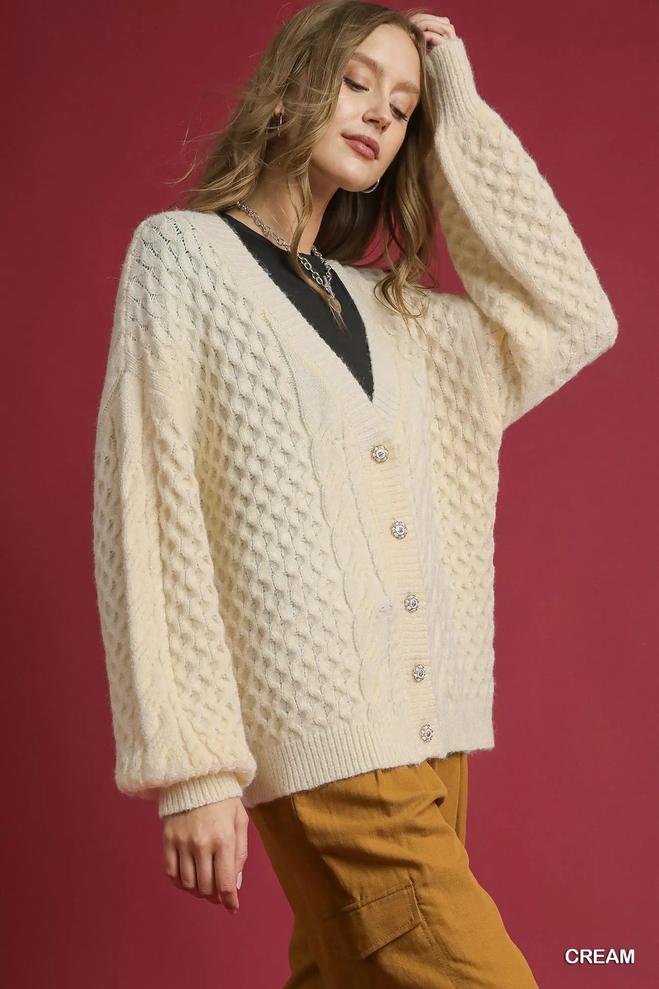 Umgee Cardigan Cream Cable Knit Pearl Button V Neck 0f83adb0-e14a-42c3-b70e-42bd61eb2b16-Max-Origin Trendsi