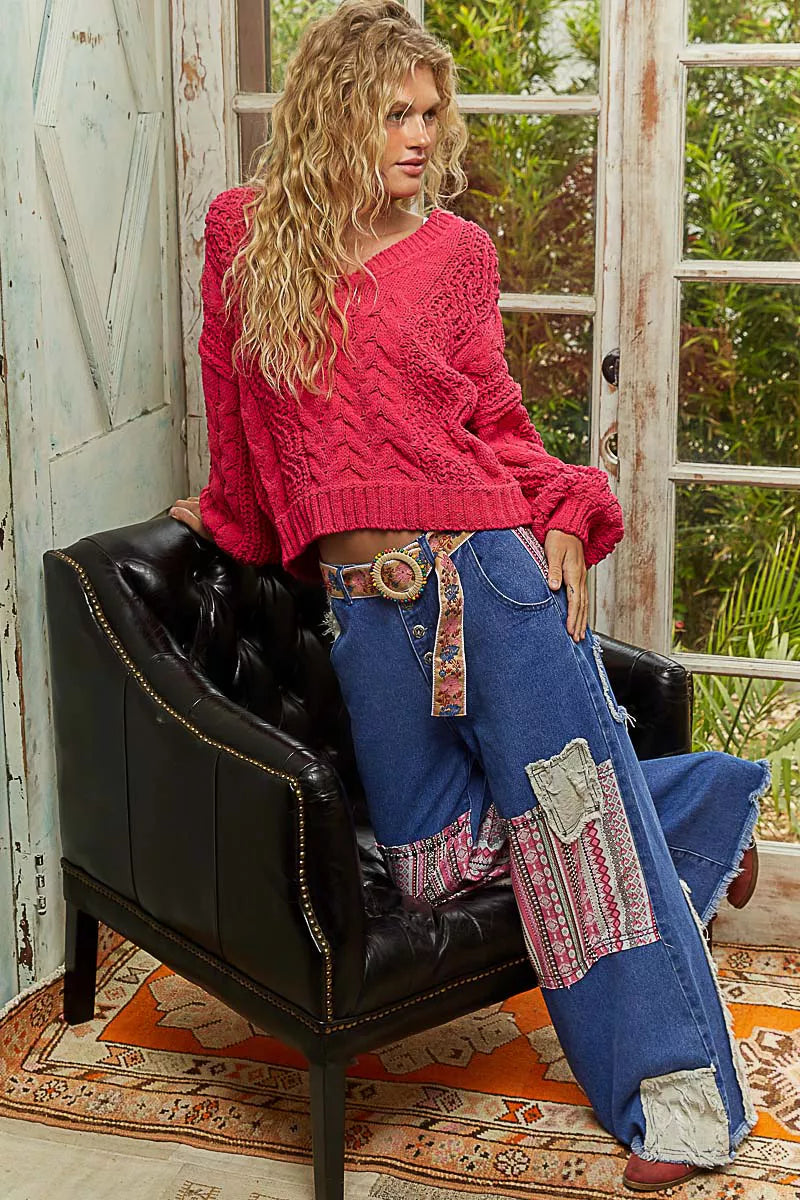 POL Womens Sweater Fuchsia Cable-Knit Solid V-Neck Cropped Oversized 0f856860-c637-441a-aded-24d935e7345e-Max-Origin Trendsi