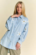 Davi & Dani Women's Denim Shirt Lightweight Washed Daisy Patch Waffle Knit Top 0f8a2e4c97e0458fa4b378cd13bd7dcd-Max-Origin Trendsi