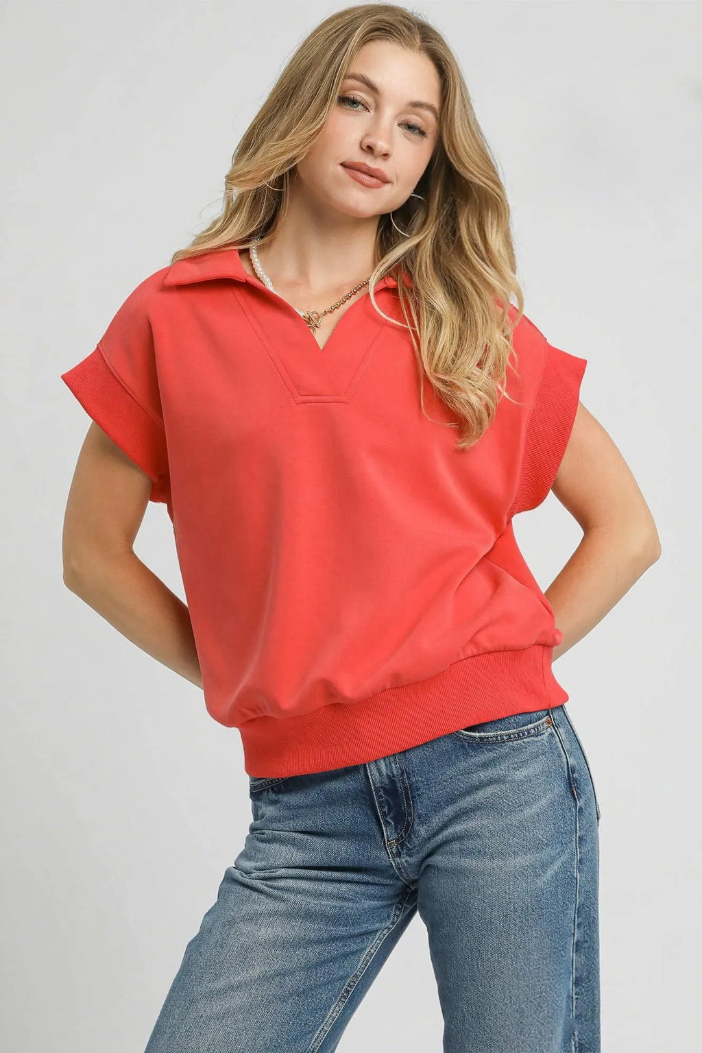 Umgee Sweatshirt Red Coral Luxe Knit Collared Short Sleeve Polo T-shirt RED CORAL 0f8fbe7d-91f4-484c-806f-06e09bb17a11-Max-Origin Trendsi
