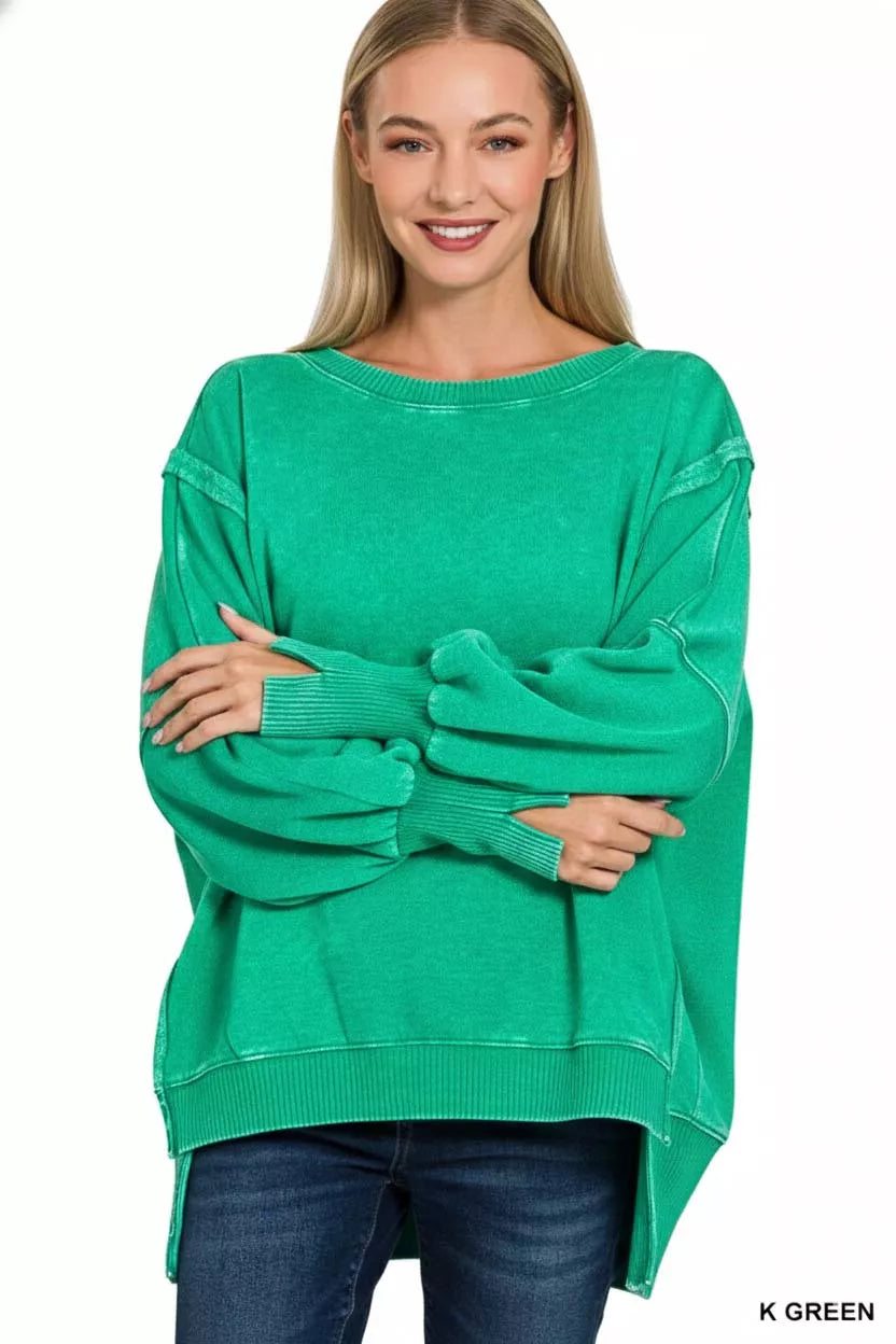 Zenana Fleece Sweatshirt Green Acid Washed Batwing Sleeve Womens Top 0f91198c-69c1-4747-9659-c12cd8a7ebb1-Max-Origin Trendsi