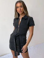 Denim Mini Dress Zip Front Short Sleeve Collared Belted with Pockets 0f918547-9984-41a0-83dc-e703cdf6de54-Max-Origin Trendsi
