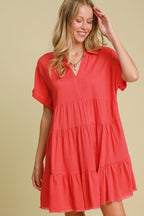 Umgee Mini Dress Ruffle Raw Hem Folded Sleeve Tiered Strawberry Strawberry 0f93672b-517e-4b22-8e6d-4bf87dab4bd5-Max Trendsi