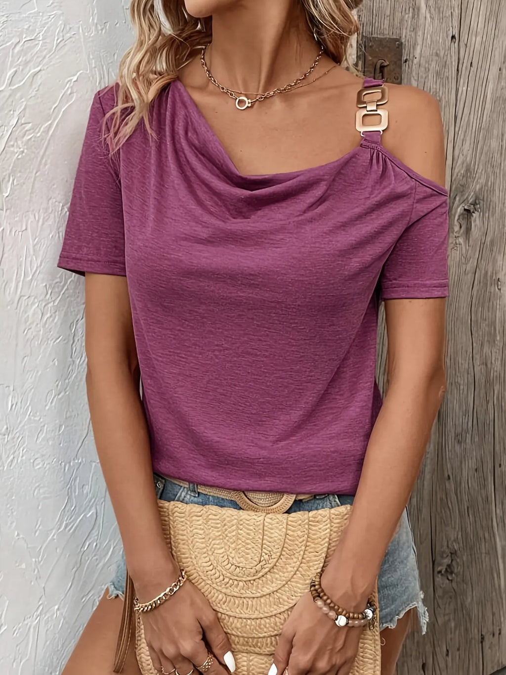 Women's T-Shirt Asymmetric Shoulder with Metal Buckle Detail Short Sleeve Fuchsia 0f945761b3a043a7aa25c25b06fae06d-Max-Origin Trendsi