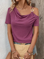 Women's T-Shirt Asymmetric Shoulder with Metal Buckle Detail Short Sleeve Fuchsia 0f945761b3a043a7aa25c25b06fae06d-Max-Origin Trendsi