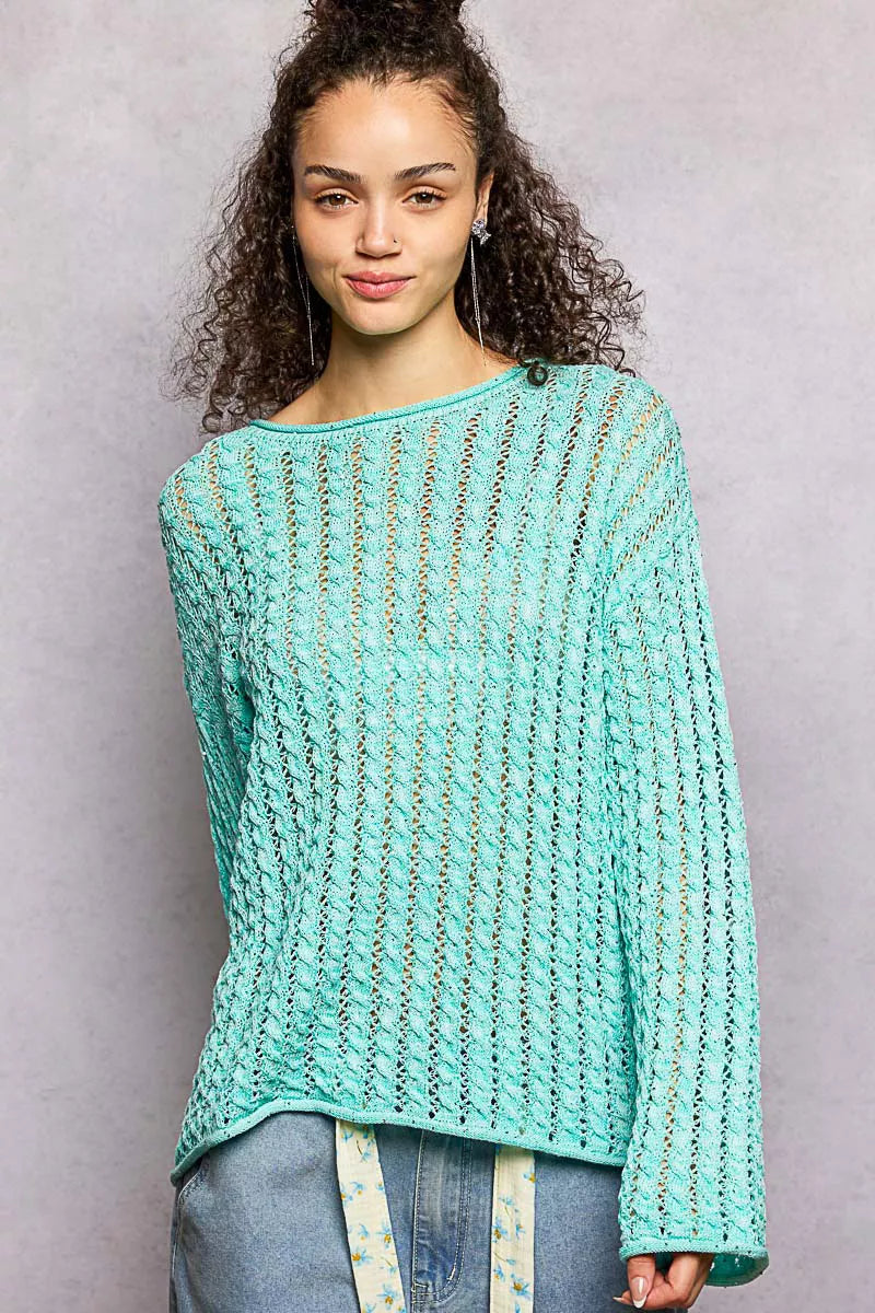 POL Openwork Knit Top Aqua Mint Round Neck with Shiny Detail Long Sleeve AQUA MINT 0f95fcc8-4944-4468-9c82-6de64e361a65-Max-Origin Trendsi