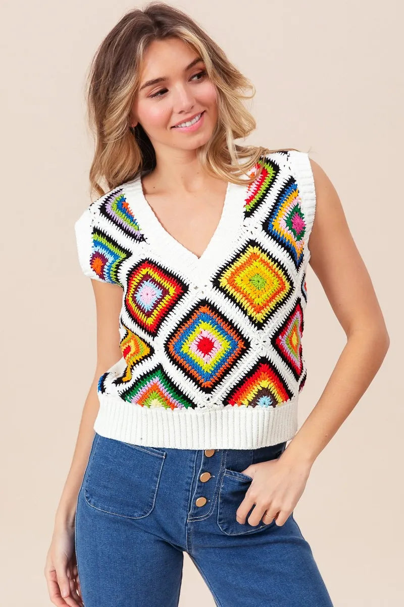 BiBi Sweater Vest Ivory Diamond Granny Multicolor Square Ribbed Knit Top 0f96cd8b4a5f4f329ac6e13d89333492-Max-Origin Trendsi