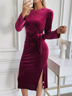 Velvet Midi Dress Burgundy Slit Round Neck Long Sleeve with Side Tie Detail Burgundy 0fa93a38d077469099a6b80ff48eabed-Max-Origin Trendsi