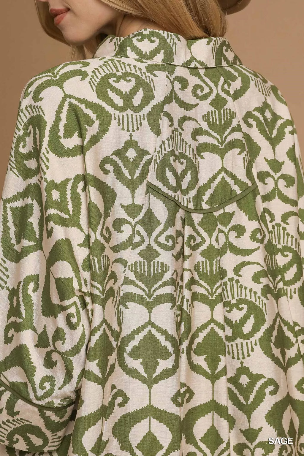 Umgee Womens Shirt Sage Green Abstract Print Button-Up Oversized Top 0fb2fdf7-ba7b-4584-89c9-3464d8e776fd-Max-Origin Trendsi