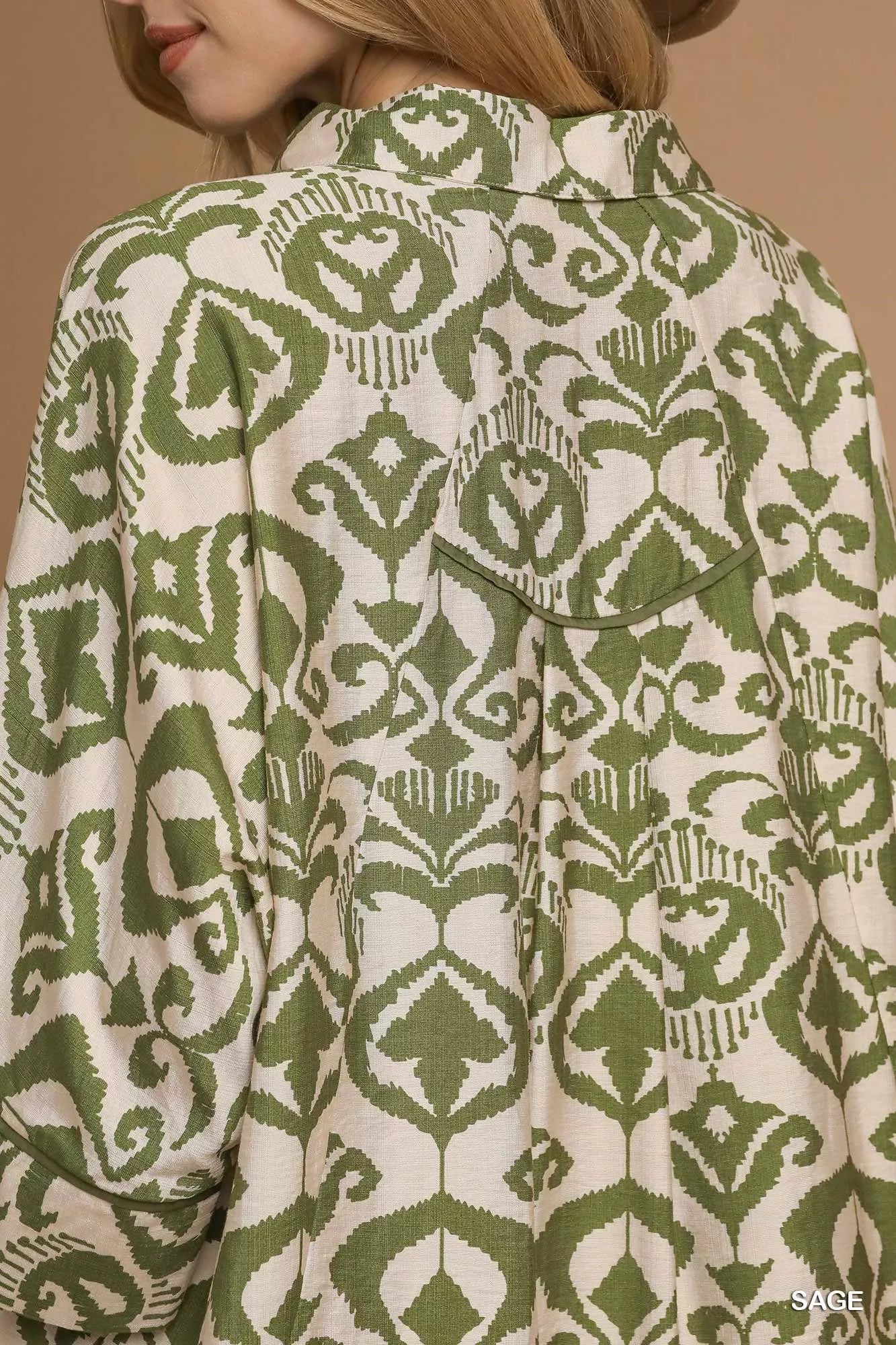 Umgee Womens Shirt Sage Green Abstract Print Button-Up Oversized Top 0fb2fdf7-ba7b-4584-89c9-3464d8e776fd-Max-Origin Trendsi