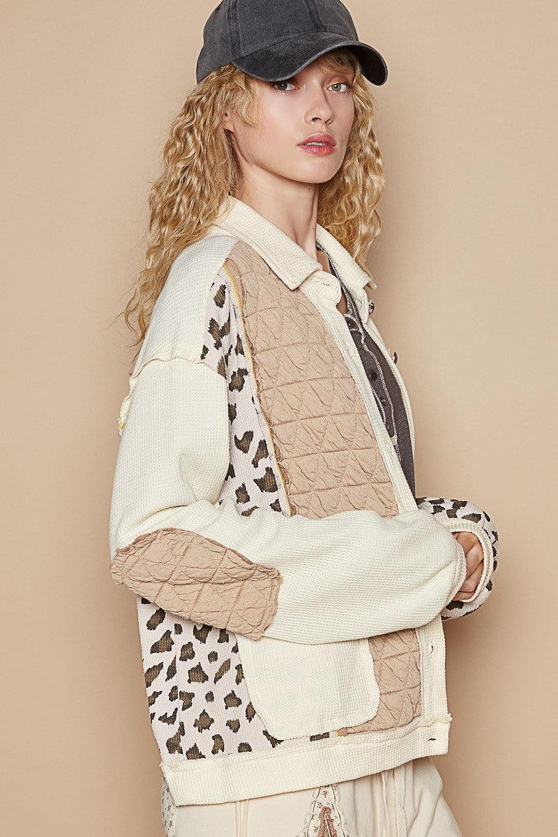 POL Leopard Jacket Waffle-Knit Women Exposed Seam Button Up Quilted