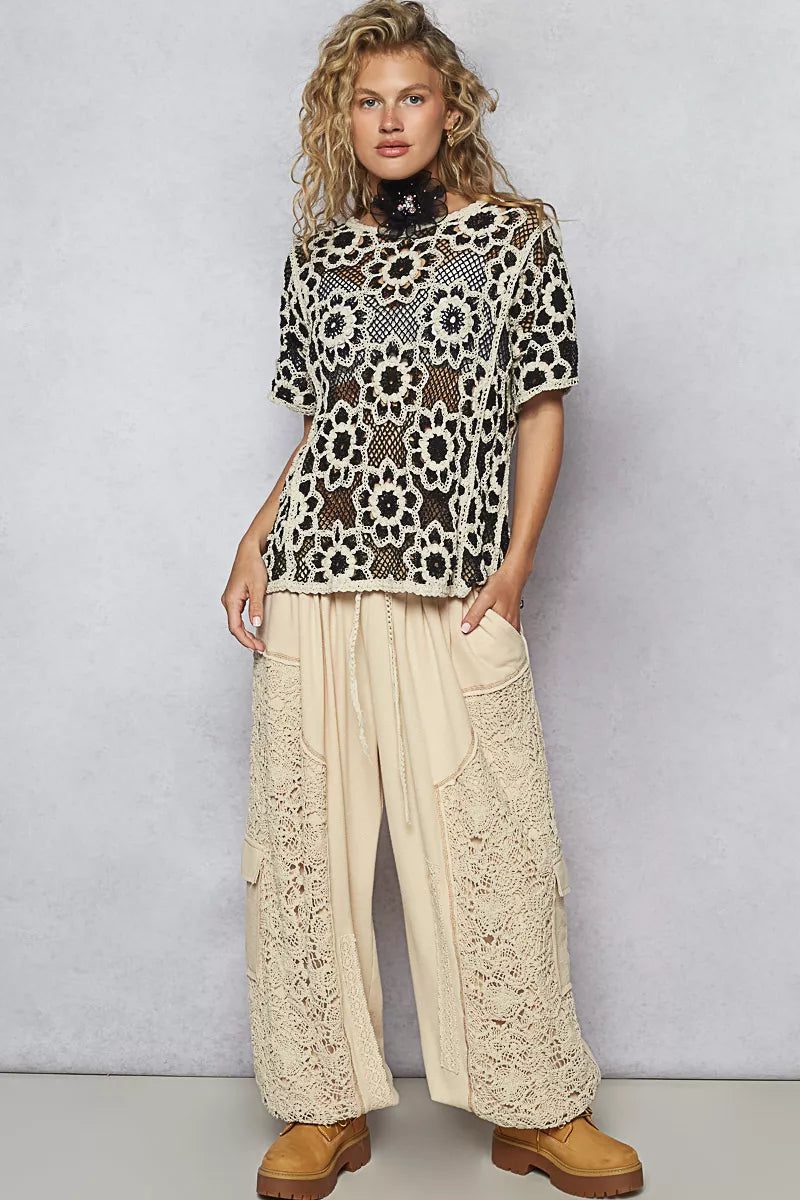 POL Womens Knit Top Crochet Black Beige Openwork Short Sleeve 0fbe9ca7-a006-4c47-868d-449c079b254b-Max-Origin Trendsi